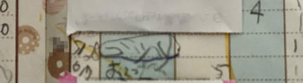 小さなマスに買い物の内訳を書いた、5歳の子どものお小遣い帳